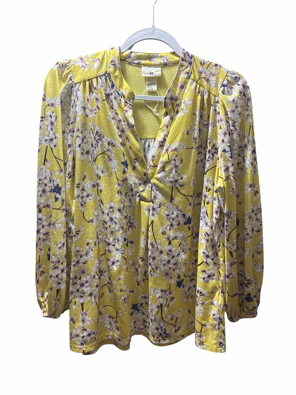 H&M Yellow Floral V-Neck Long Sleeve Blouse